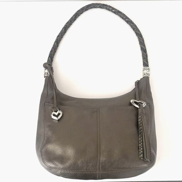 BRIGHTON Metallic Taupe leather shoulder bag braided handle heat charms Medium